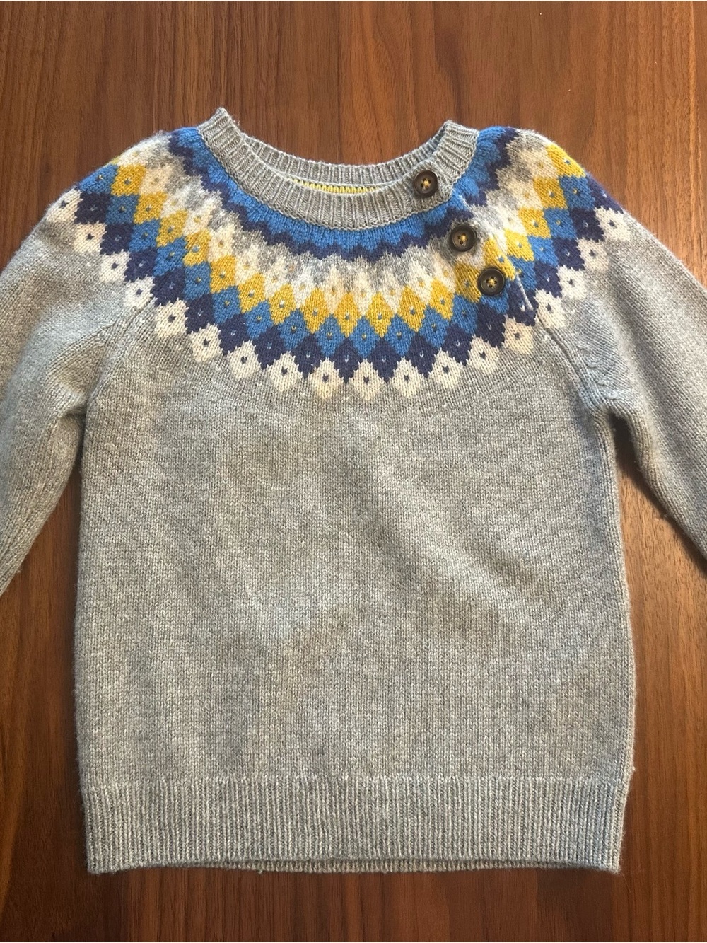 Mini Boden Light Gray Fair Isle Yoke Sweater with Blue & Yellow Accents Sz 2-3